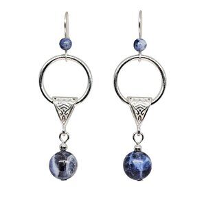 Handmade Blue Sodalite Gemstone Beaded Silver Hoops Boho Dangle Earrings